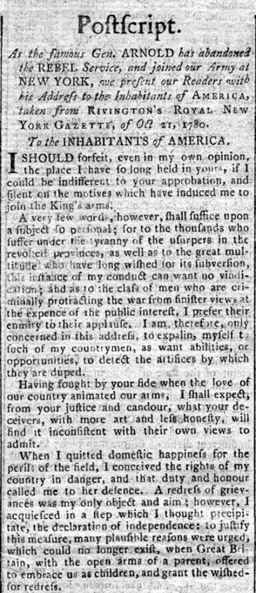 Benedict Arnold's Letter to America