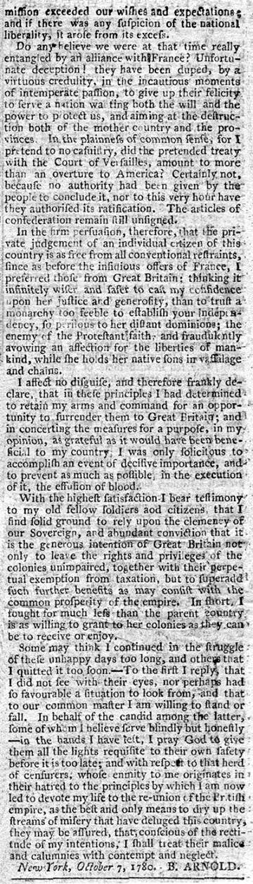 Benedict Arnold's Letter to America