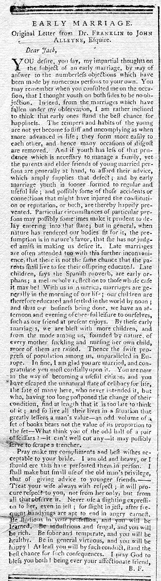 Ben Franklin Marriage Letter, 1789