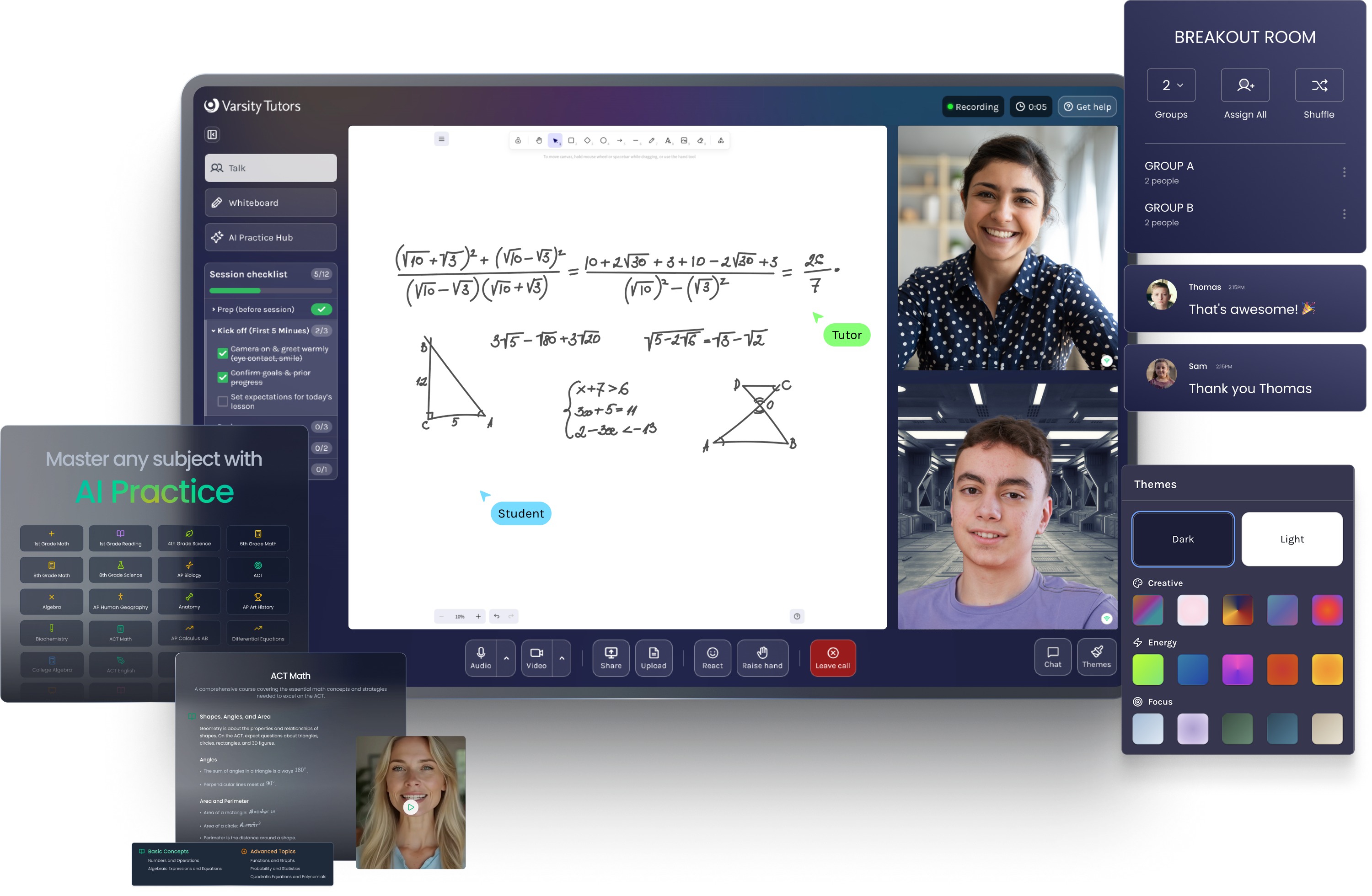 Student in headphones engaging in an online math quiz with a tutor on video call.